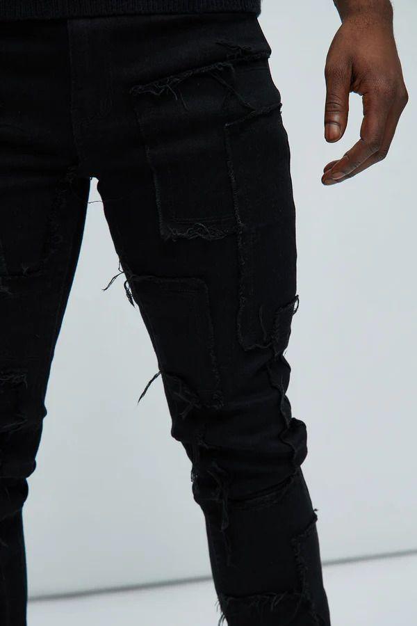 Jeans Fashion Nova Frayed Patches Stacked Skinny Flare Black-1