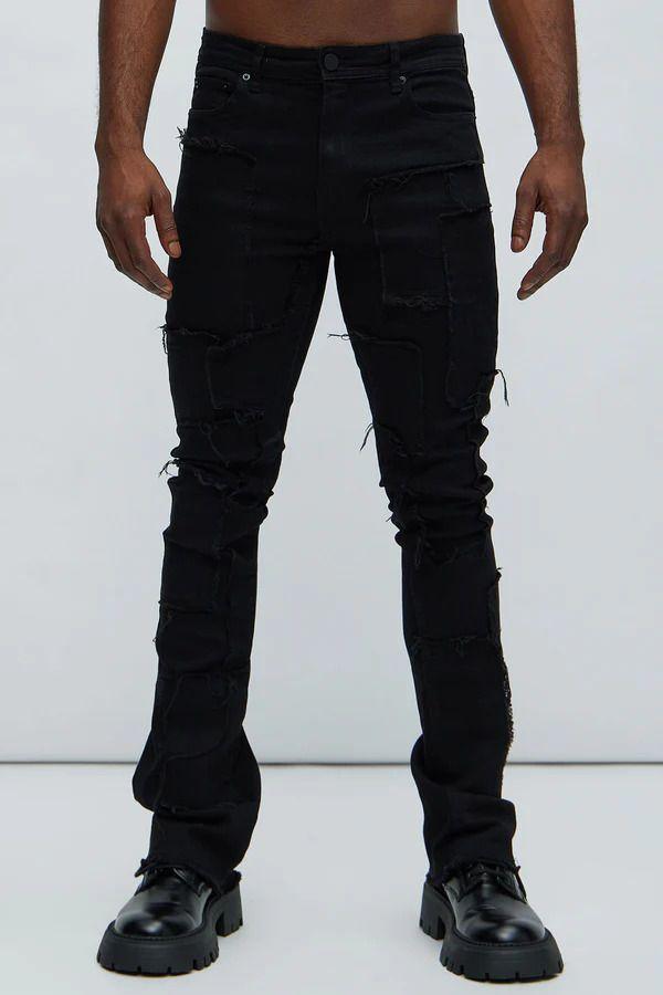 Jeans Fashion Nova Frayed Patches Stacked Skinny Flare Black-2