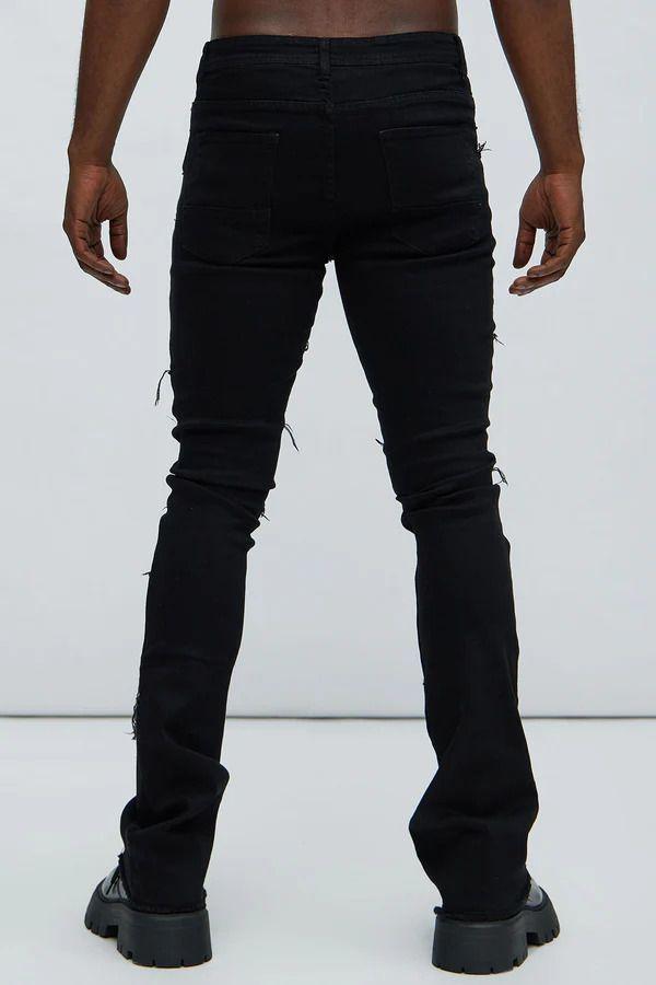 Jeans Fashion Nova Frayed Patches Stacked Skinny Flare Black-3