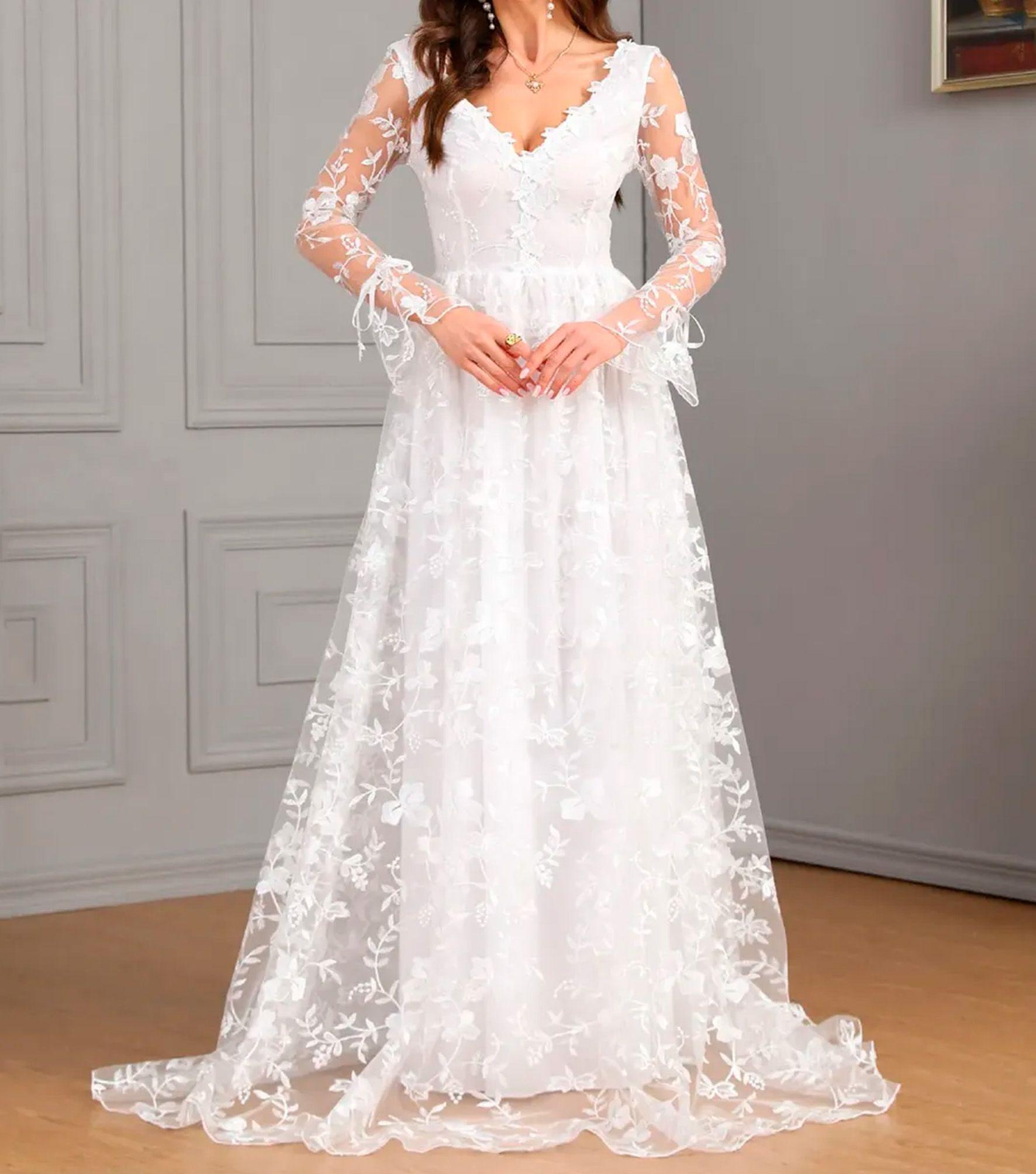 Vestido de novia manga larga elegante con escote en V bordado floral-2