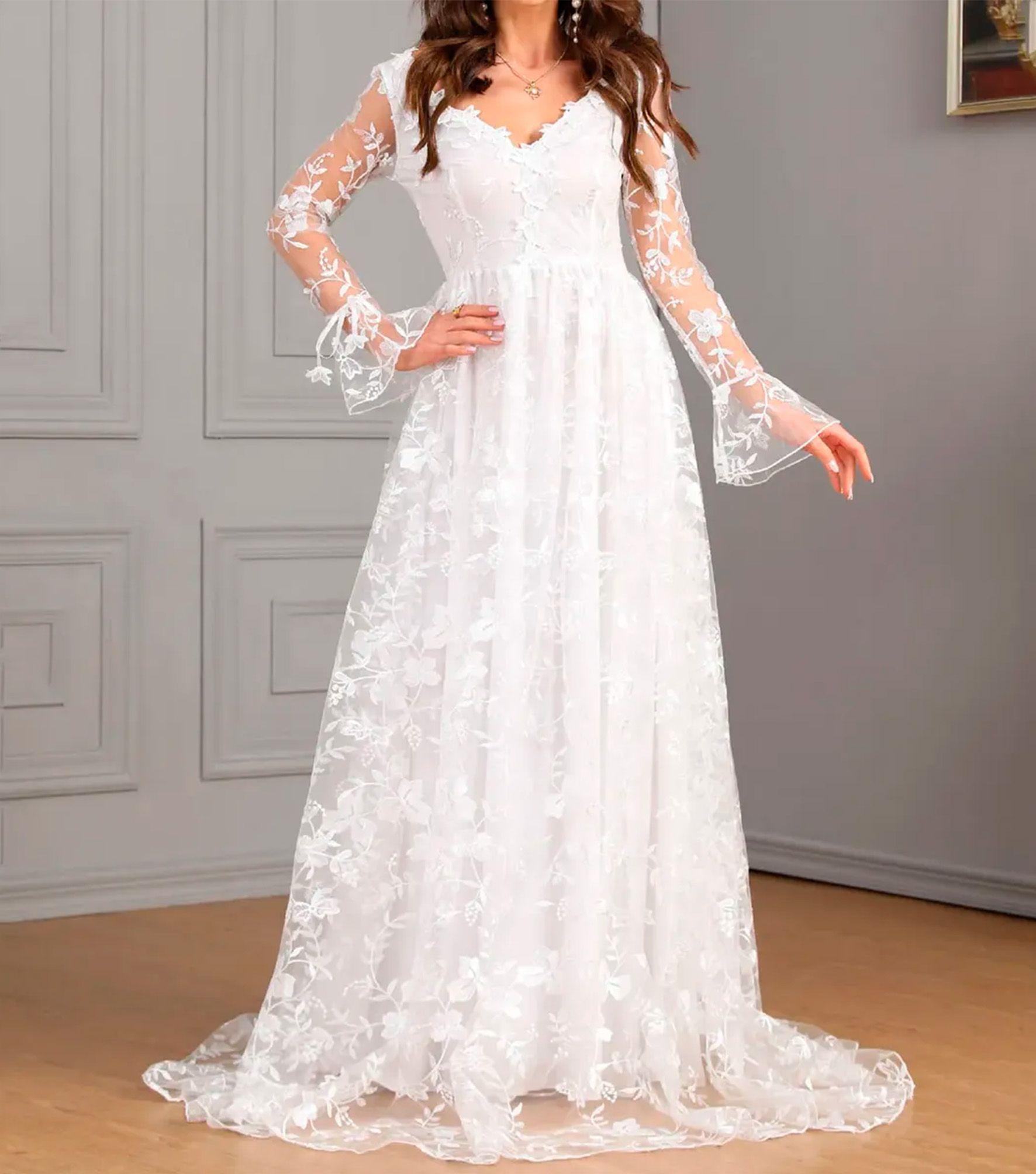 Vestido de novia manga larga elegante con escote en V bordado floral-3
