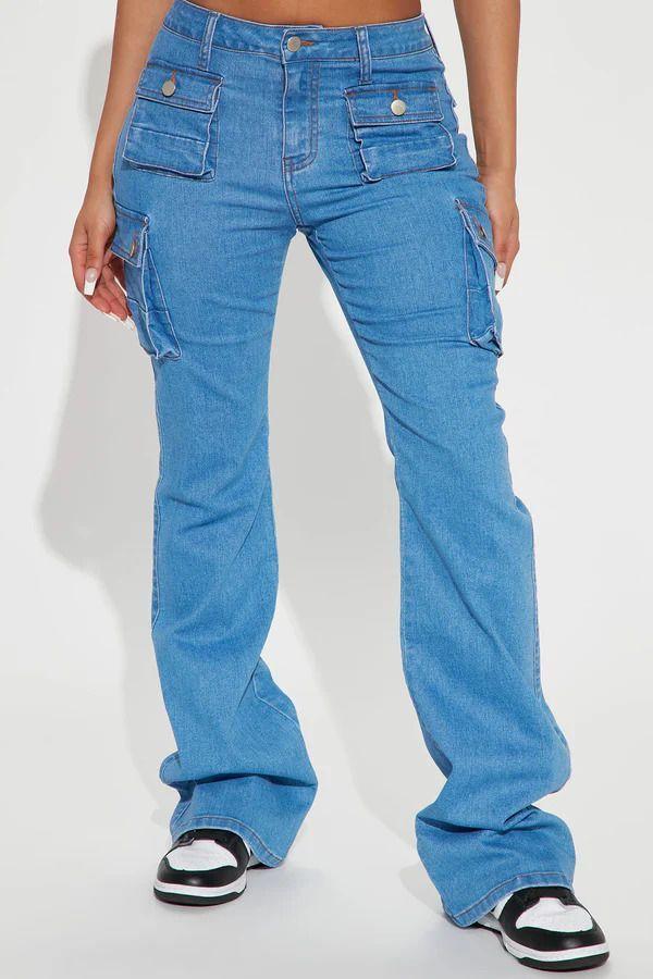 Jeans Fashion Nova Late Nights Mid Rise Cargo Flare Medium Blue Wash Talla 40 Chile-2