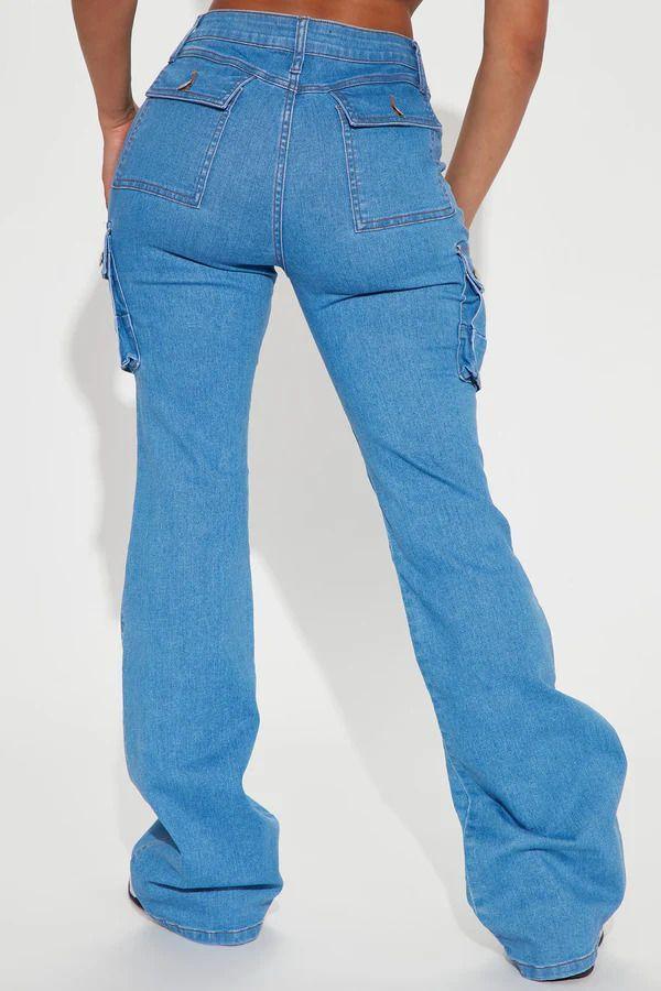 Jeans Fashion Nova Late Nights Mid Rise Cargo Flare Medium Blue Wash Talla 40 Chile-3