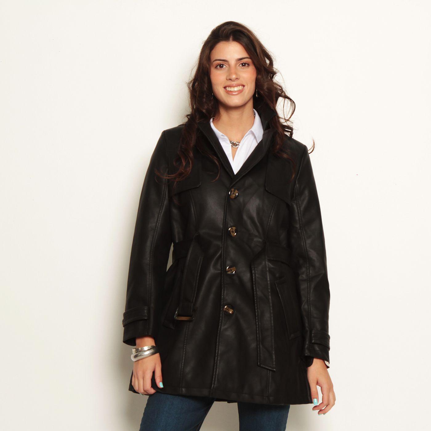 Trench Manga Larga Con Capucha Cuero Ecologico-3