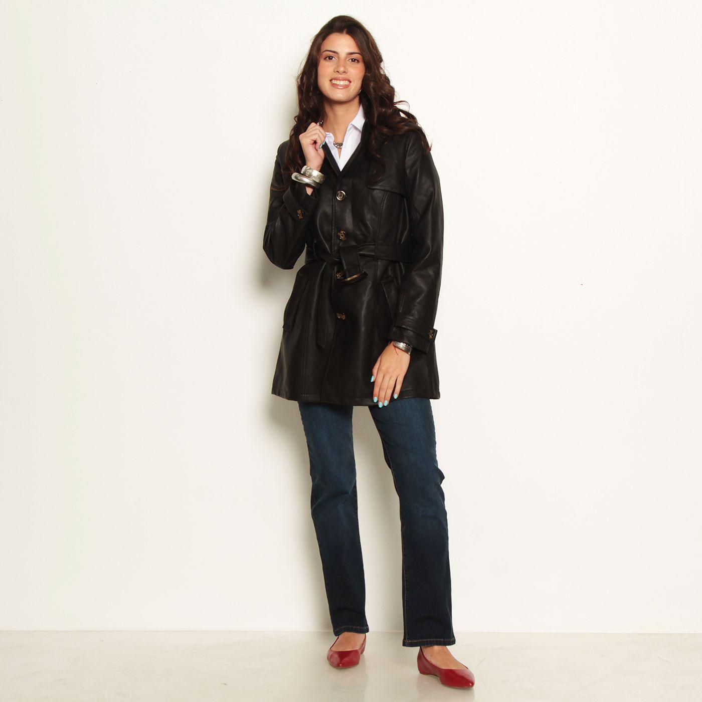 Trench Manga Larga Con Capucha Cuero Ecologico-6