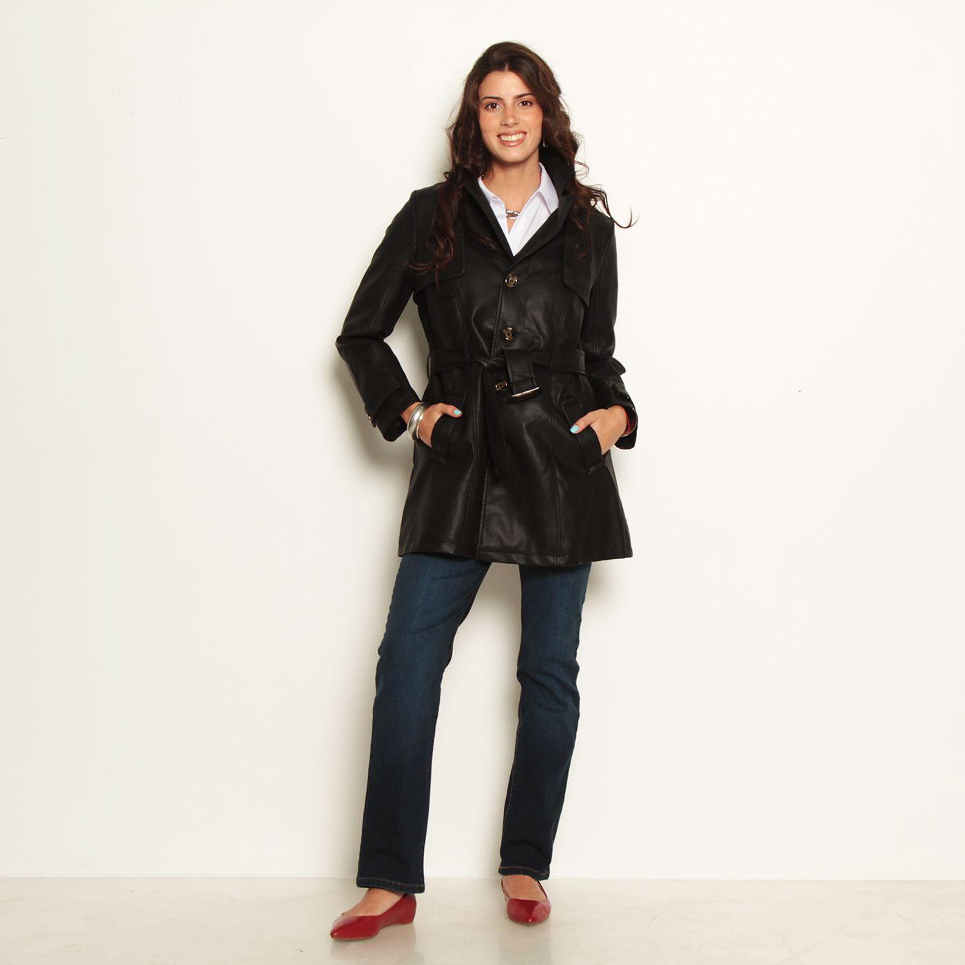 Trench Manga Larga Con Capucha Cuero Ecologico-7