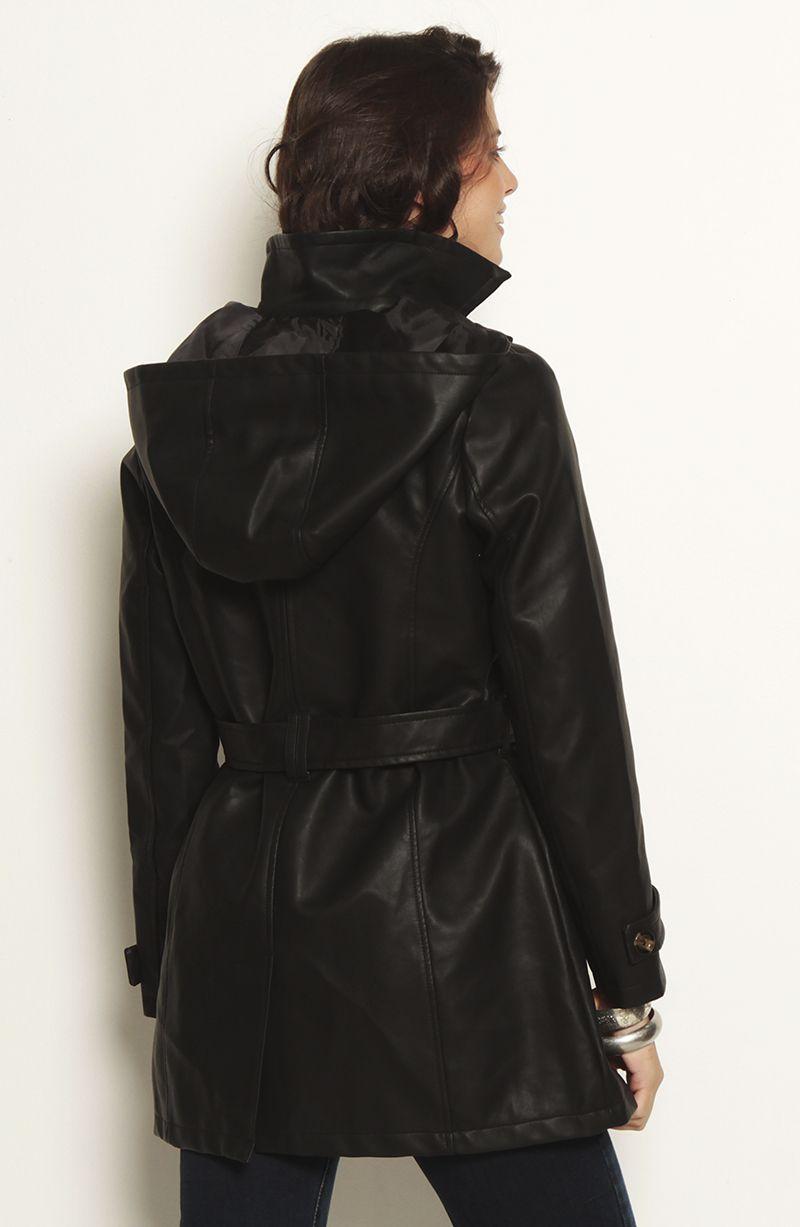 Trench Manga Larga Con Capucha Cuero Ecologico-5