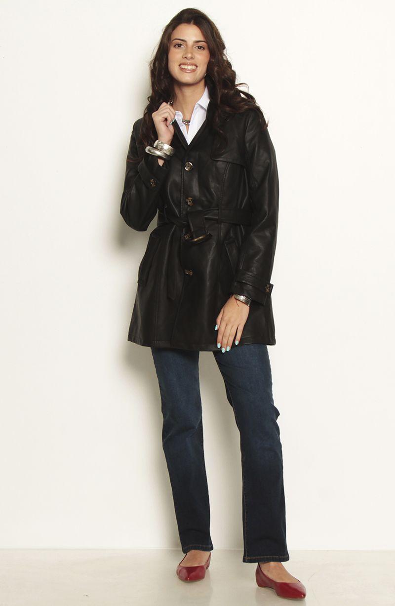 Trench Manga Larga Con Capucha Cuero Ecologico-6