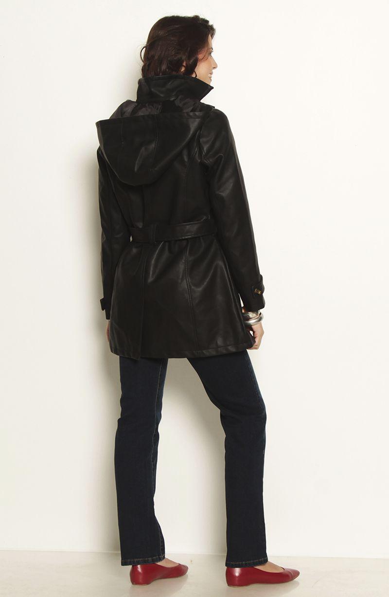 Trench Manga Larga Con Capucha Cuero Ecologico-8