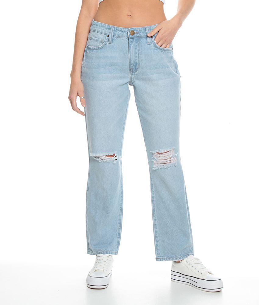 Jeans Basico Crop Tiro Alto Pretina  Basica Un Boton Rotura En Rodilla-0