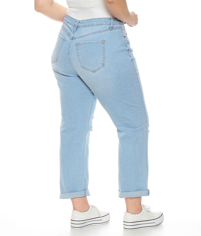 Jeans Basico Crop Tiro Alto Pretina  Basica Un Boton Rotura En Rodilla-1