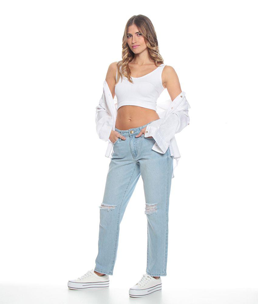 Jeans Basico Crop Tiro Alto Pretina  Basica Un Boton Rotura En Rodilla-5