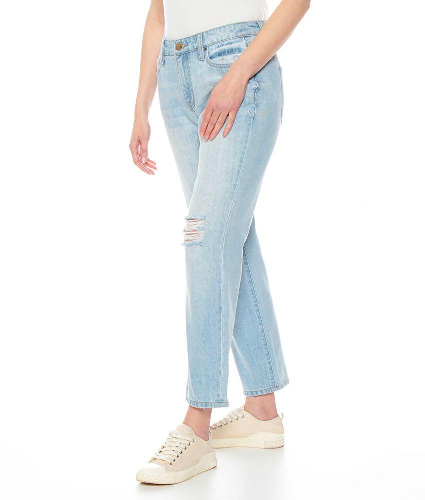 Jeans Basico Crop Tiro Alto Pretina  Basica Un Boton Rotura En Rodilla-6