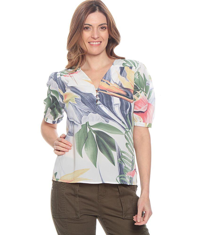 Blusa Manga Corta Con Detalle Estampada Escote V Con Botones-0