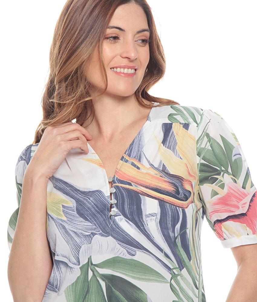 Blusa Manga Corta Con Detalle Estampada Escote V Con Botones-1