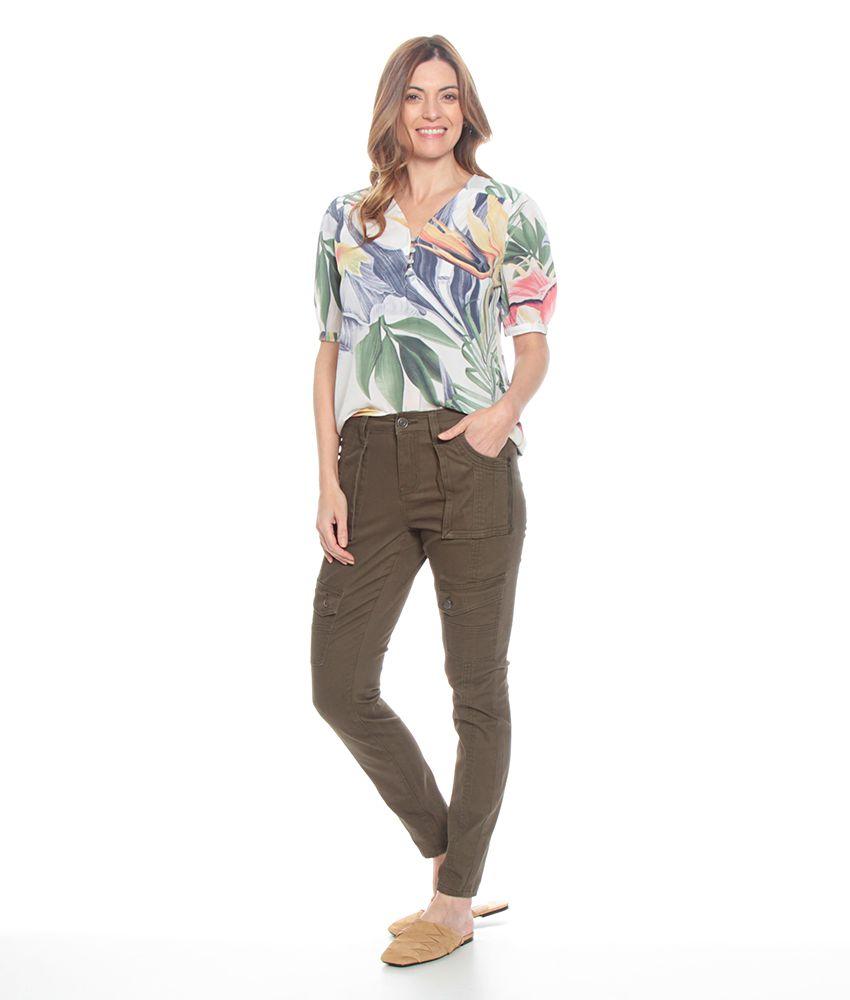 Blusa Manga Corta Con Detalle Estampada Escote V Con Botones-2