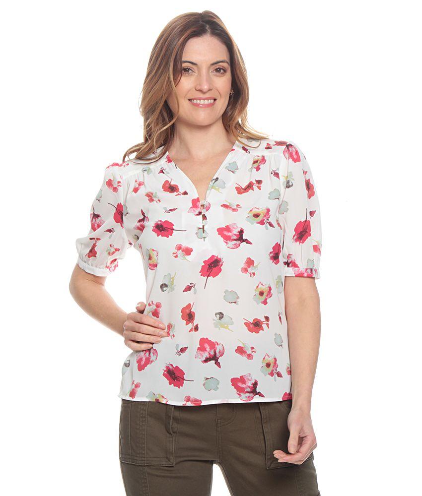 Blusa Manga Corta Con Detalle Estampada Escote V Con Botones-0