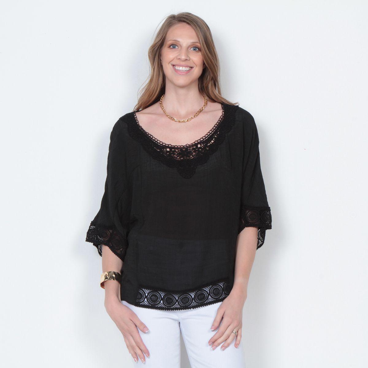 Blusa Manga Corta Escote Redondo Con Aplicacion En Cuello Y Puno-0