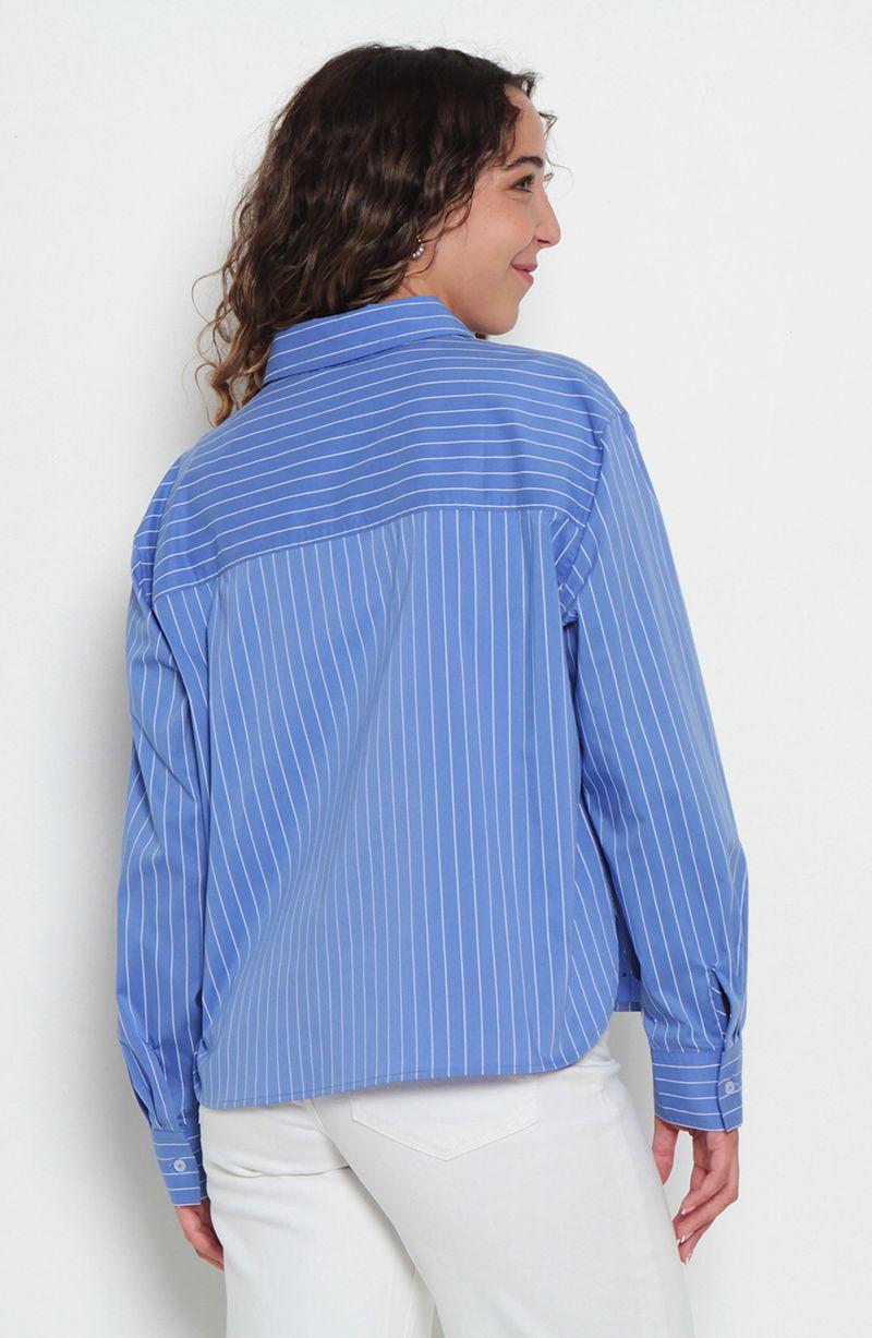 Blusa Manga  Larga Listada   Abotonada En Delantero-4