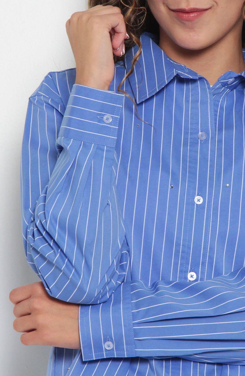 Blusa Manga  Larga Listada   Abotonada En Delantero-5