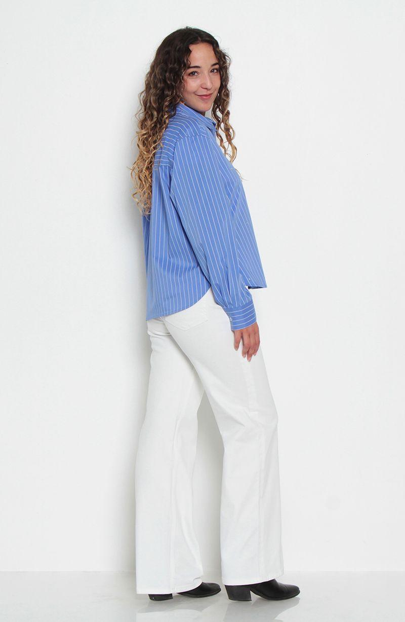 Blusa Manga  Larga Listada   Abotonada En Delantero-6