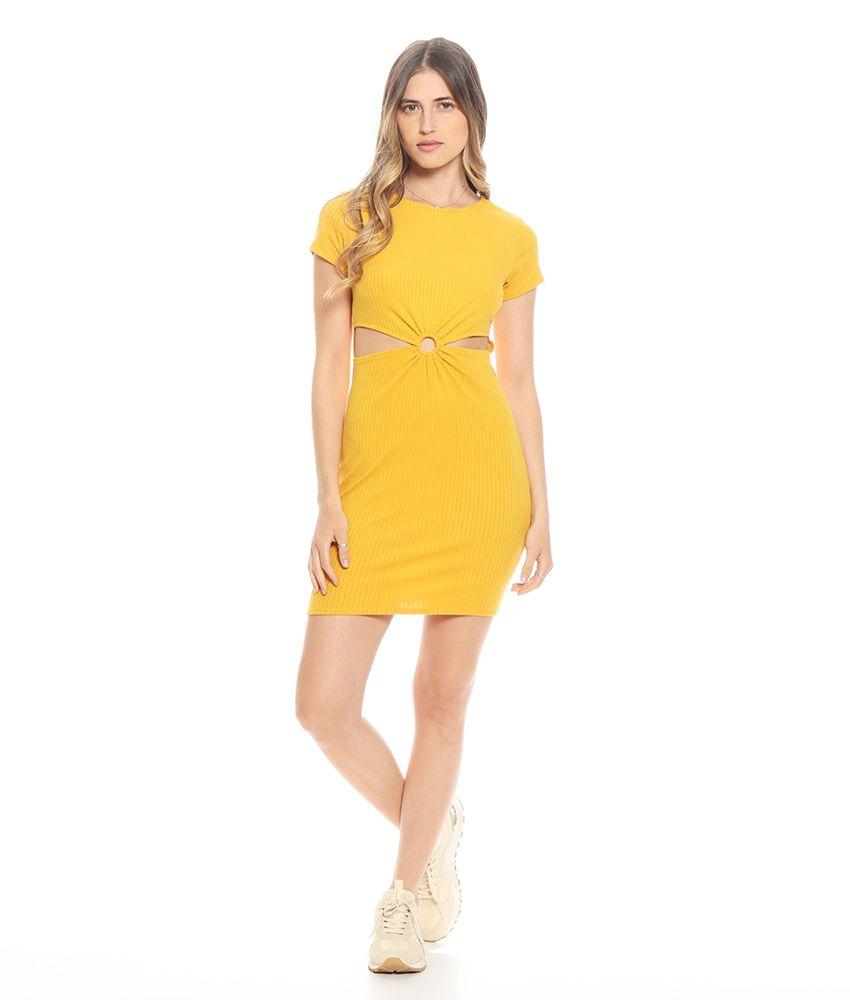 Vestido Manga Corta Solido Escote Redondo Detalle En Cintura-0
