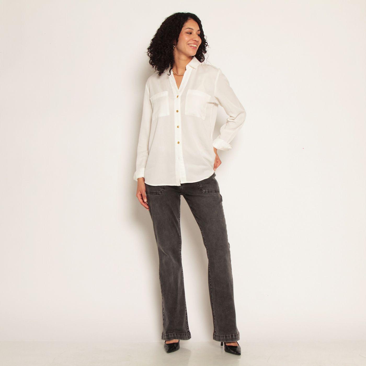 Blusa Manga Larga Tencel Abotonada En Elantero Y Bolsillos-2