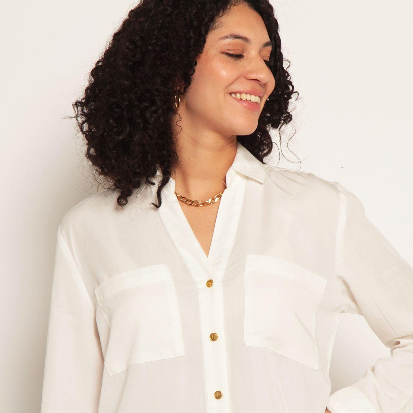 Blusa Manga Larga Tencel Abotonada En Elantero Y Bolsillos-5