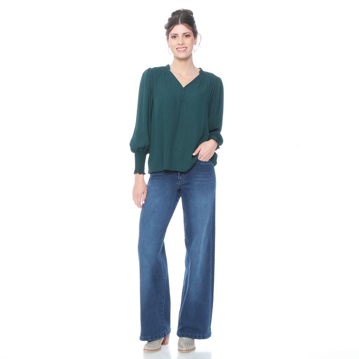 Blusa Manga Larga Elasticada Solida Escote V Con Detalle-3