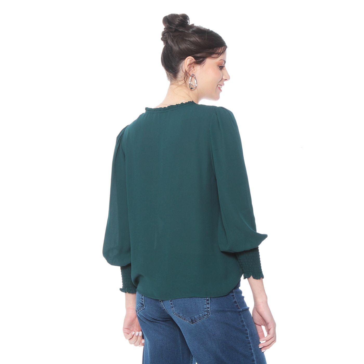 Blusa Manga Larga Elasticada Solida Escote V Con Detalle-6