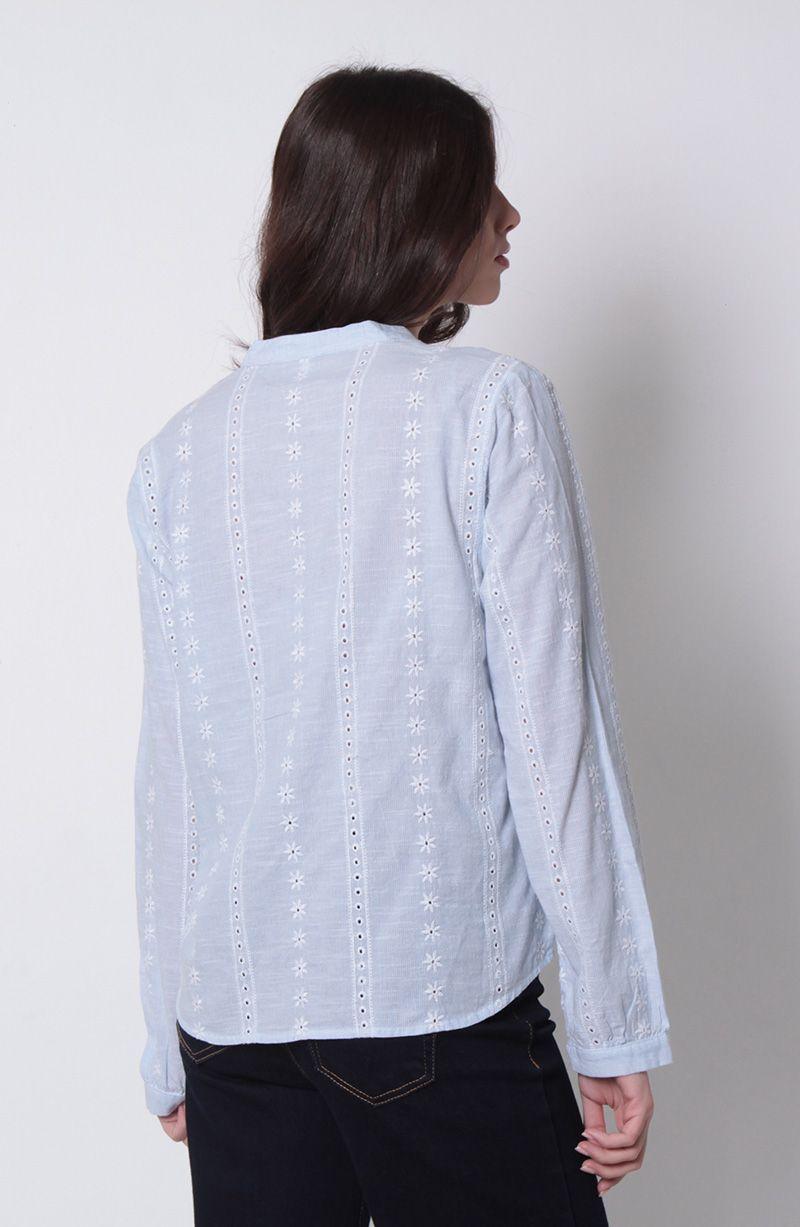 Blusa Embrpoidery Manga Larga Abotonada En Delantero Escote  V-2