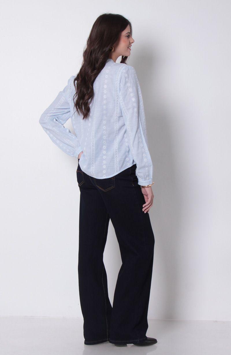 Blusa Embrpoidery Manga Larga Abotonada En Delantero Escote  V-6