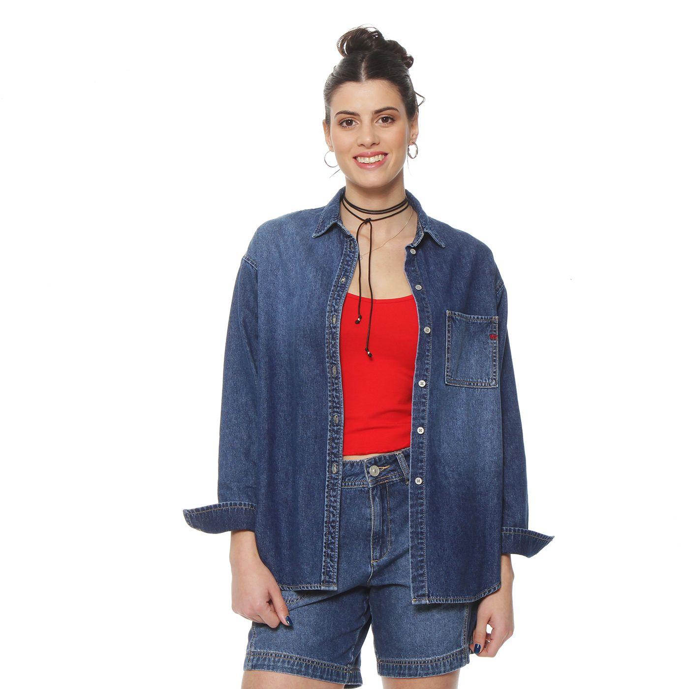Blusa Denim Manga Larga Abotonada En Delantero  Con Bolsillo-5