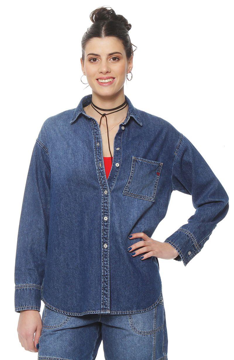 Blusa Denim Manga Larga Abotonada En Delantero  Con Bolsillo-0