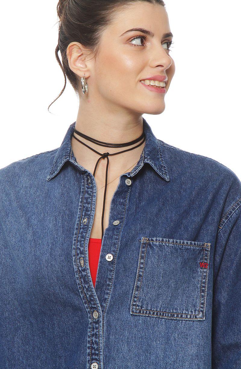 Blusa Denim Manga Larga Abotonada En Delantero  Con Bolsillo-1