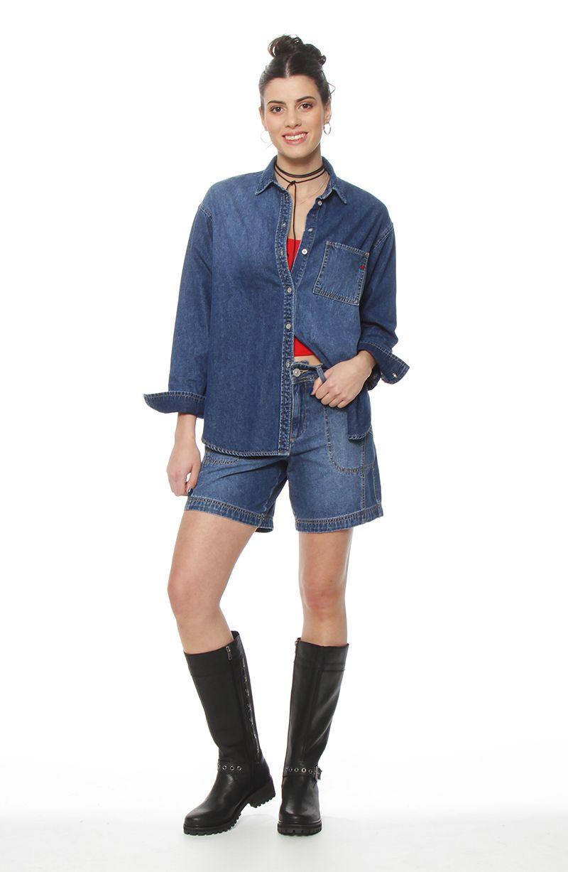 Blusa Denim Manga Larga Abotonada En Delantero  Con Bolsillo-2