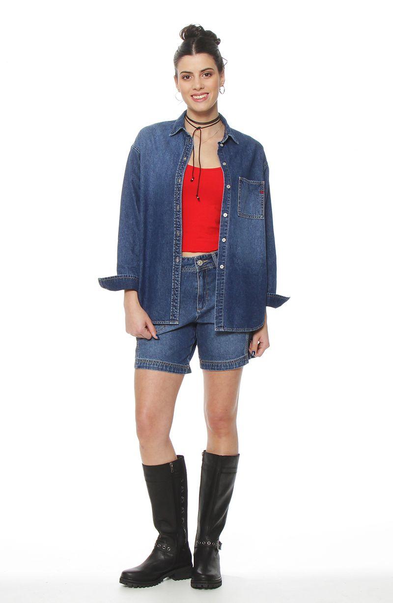 Blusa Denim Manga Larga Abotonada En Delantero  Con Bolsillo-3