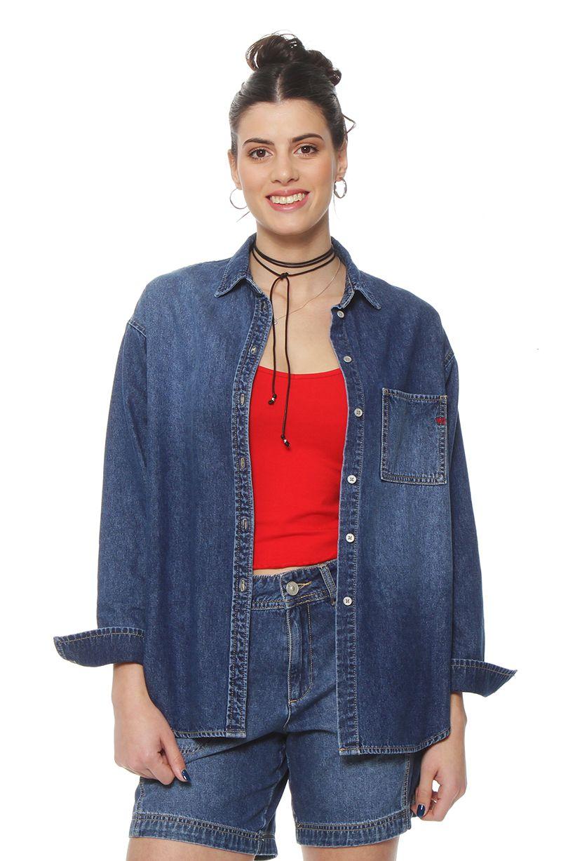 Blusa Denim Manga Larga Abotonada En Delantero  Con Bolsillo-4