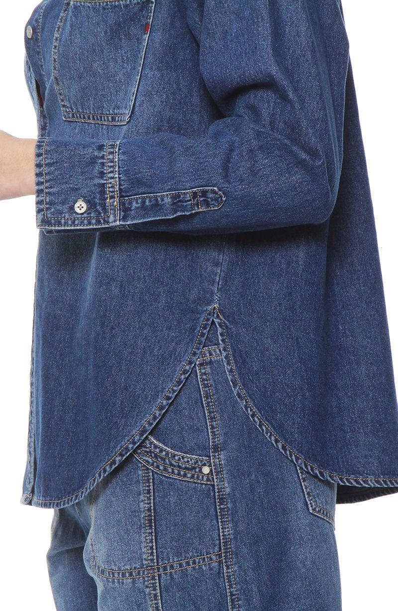 Blusa Denim Manga Larga Abotonada En Delantero  Con Bolsillo-5