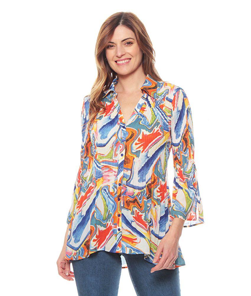 Blusa Plisada Estampada Manga 3/4 Cuello Camisero-0