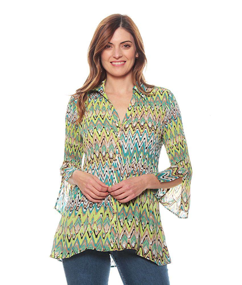 Blusa Plisada Estampada Manga 3/4 Cuello Camisero-0