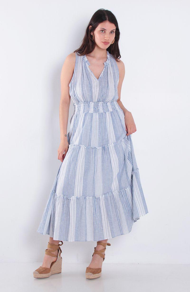 Vestido Listado Sin Manga Escote V Con Cintura Elasticada-2