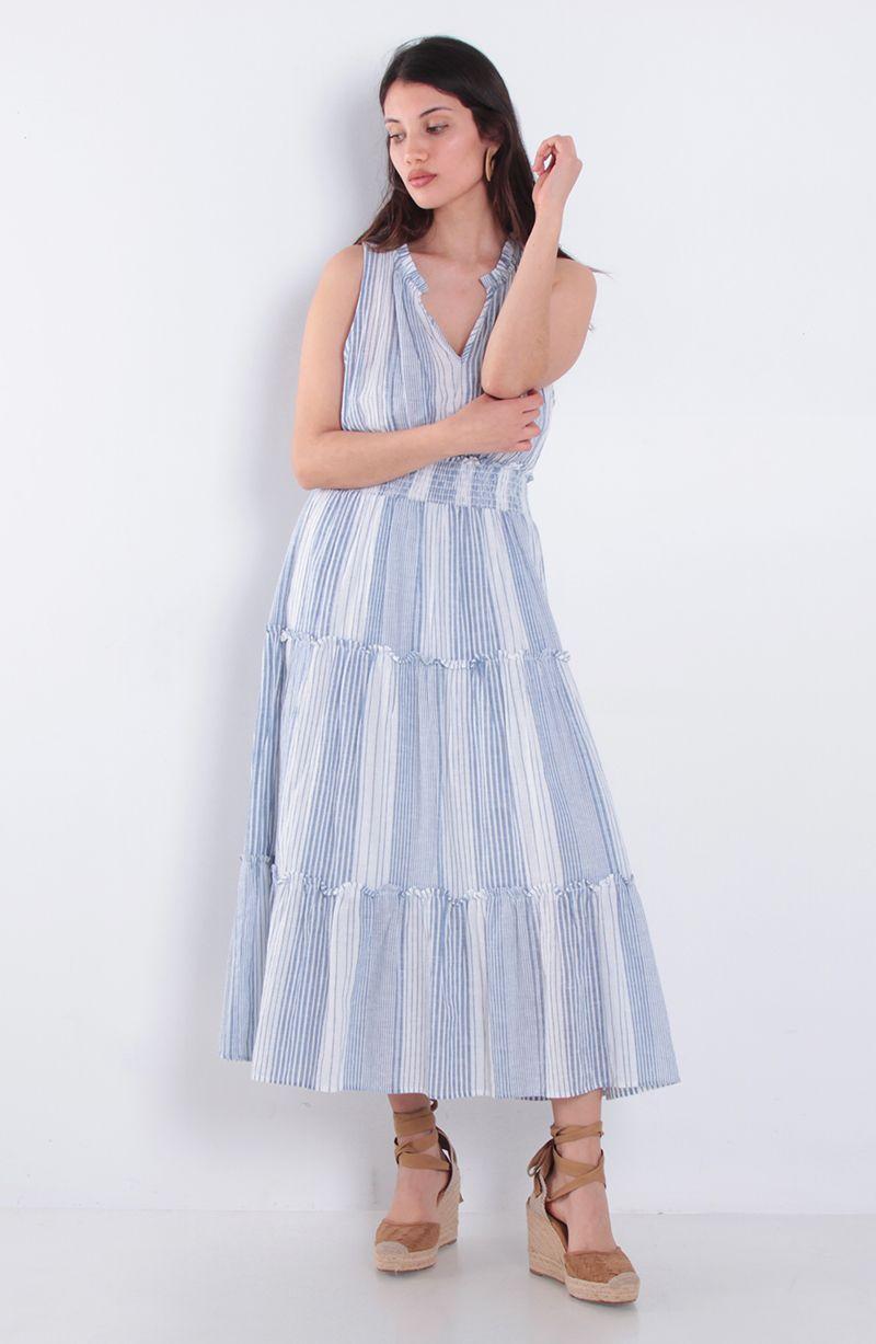 Vestido Listado Sin Manga Escote V Con Cintura Elasticada-3