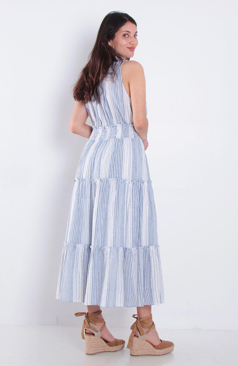 Vestido Listado Sin Manga Escote V Con Cintura Elasticada-4