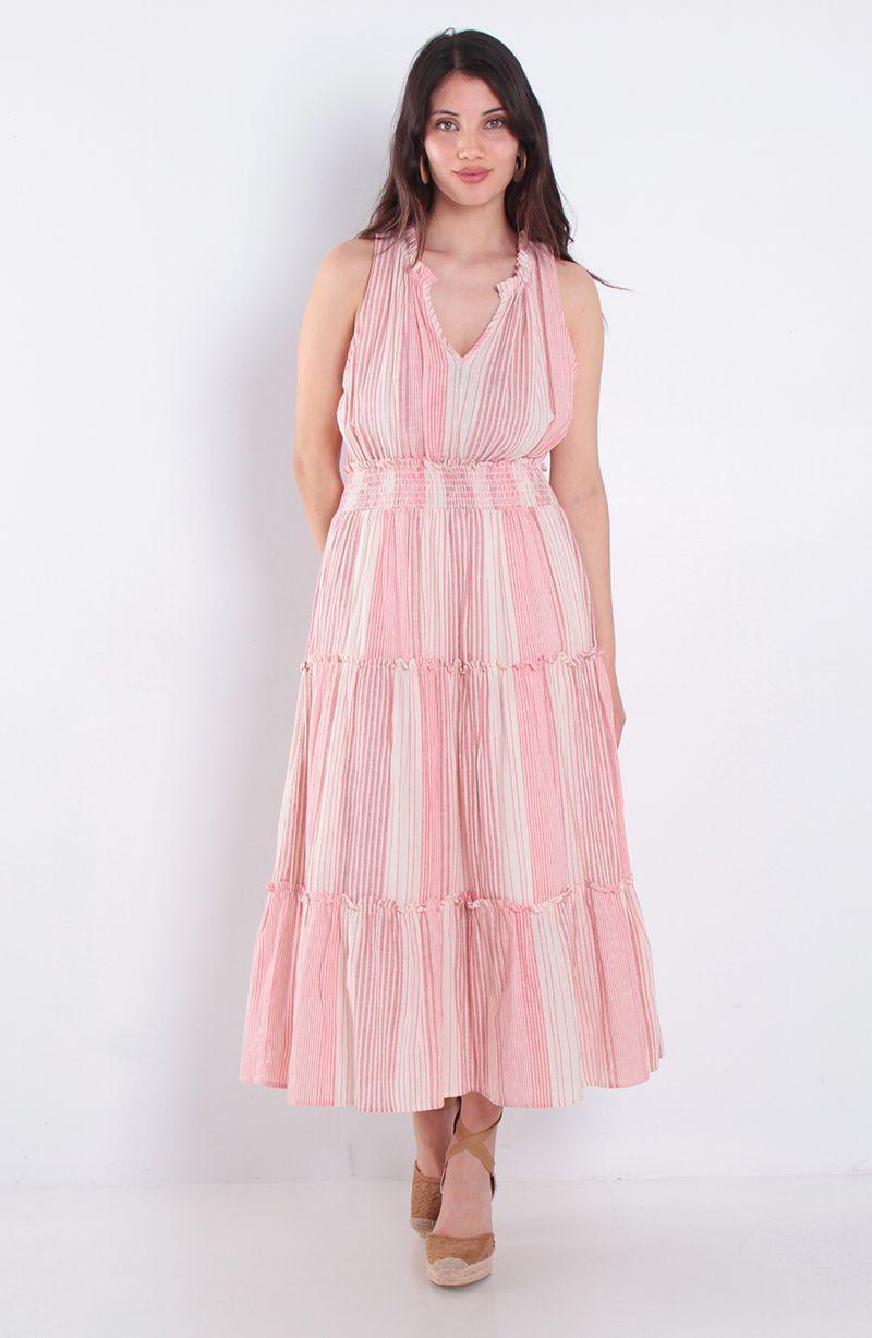 Vestido Listado Sin Manga Escote V Con Cintura Elasticada-0