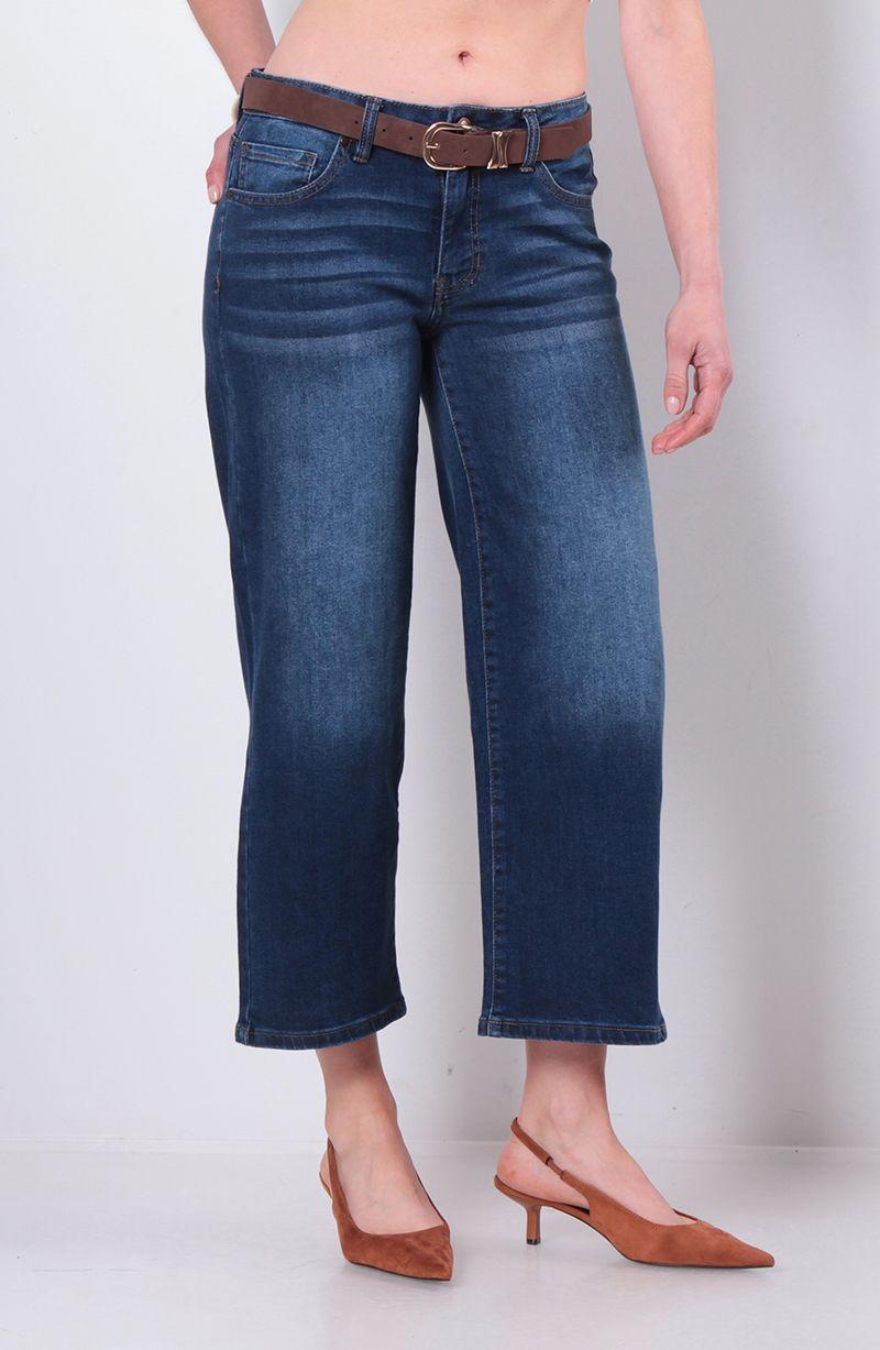 Jeans Wide Leg Cropped   Tiro Medio   Pretina Basica 1 Boton Con   Cinturon-0