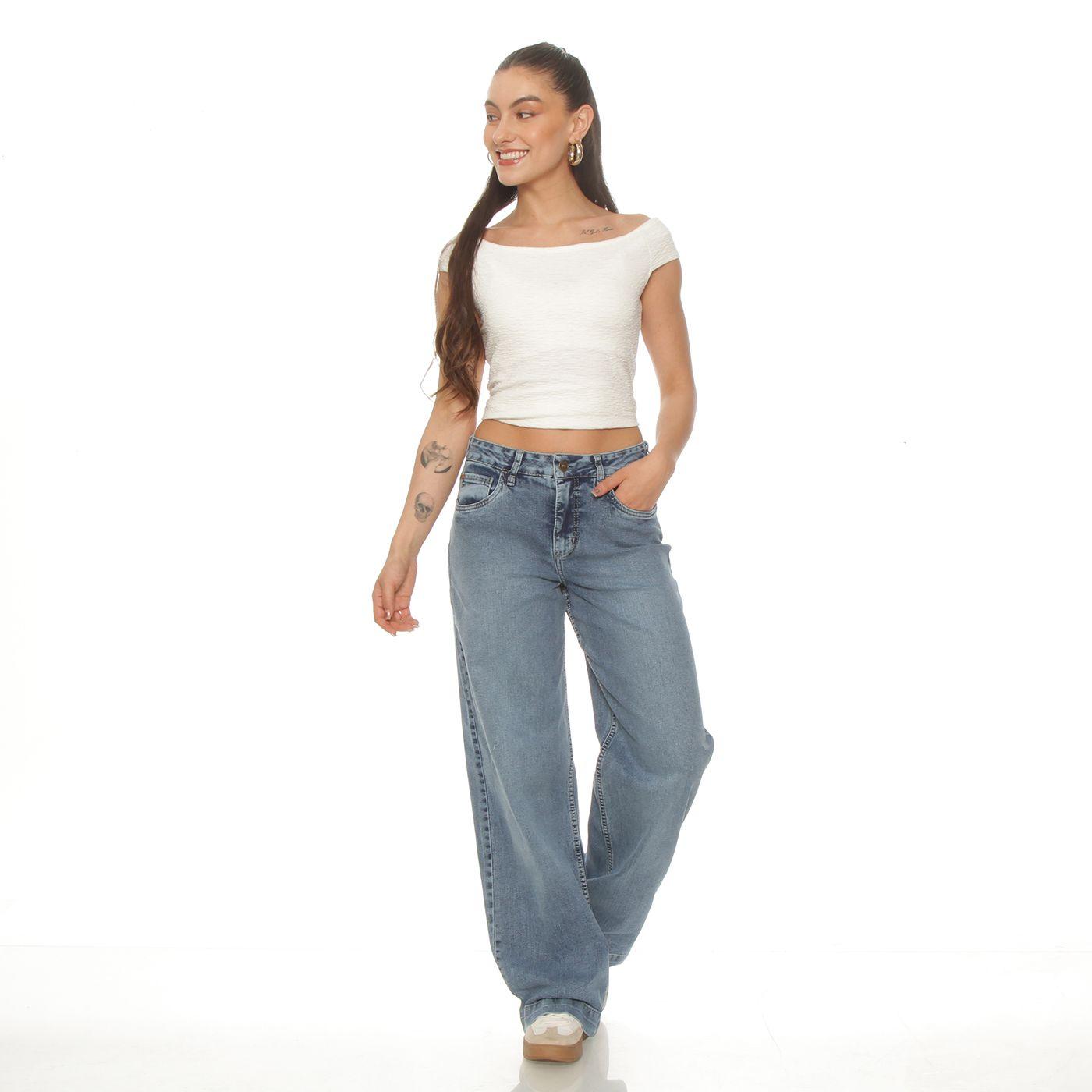 Jeans Wide Leg Tiro Alto   Pretina Basica 1 Boton-3