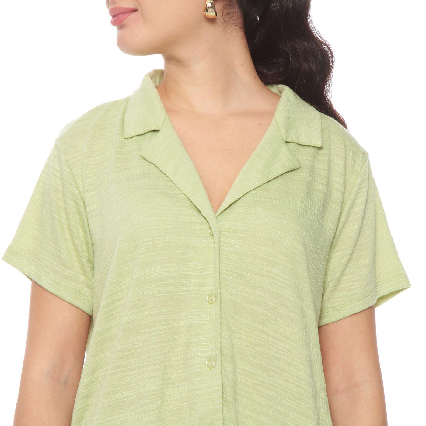 Blusa Manga Corta Solida Escote V Abotonada En Delantero-1