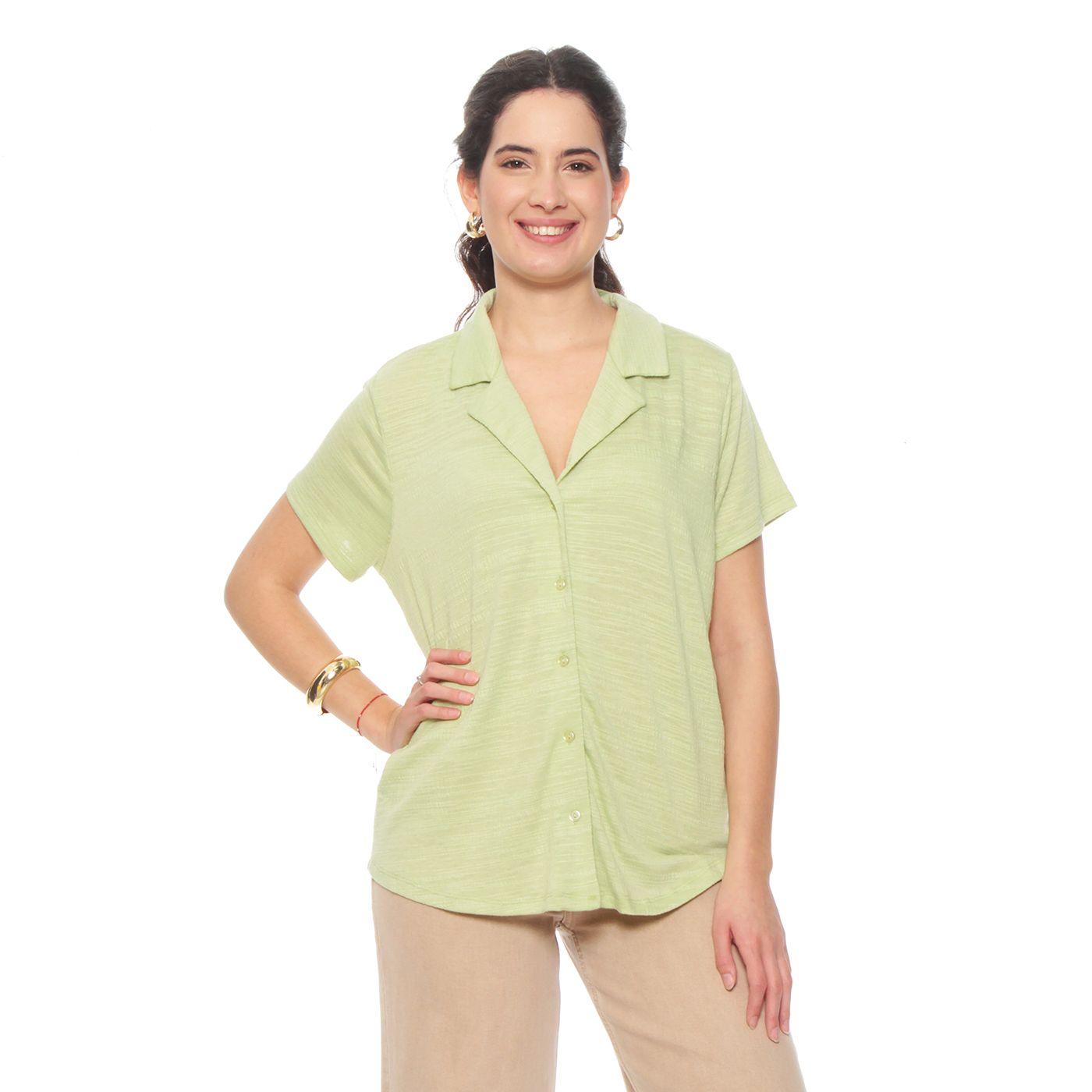 Blusa Manga Corta Solida Escote V Abotonada En Delantero-2