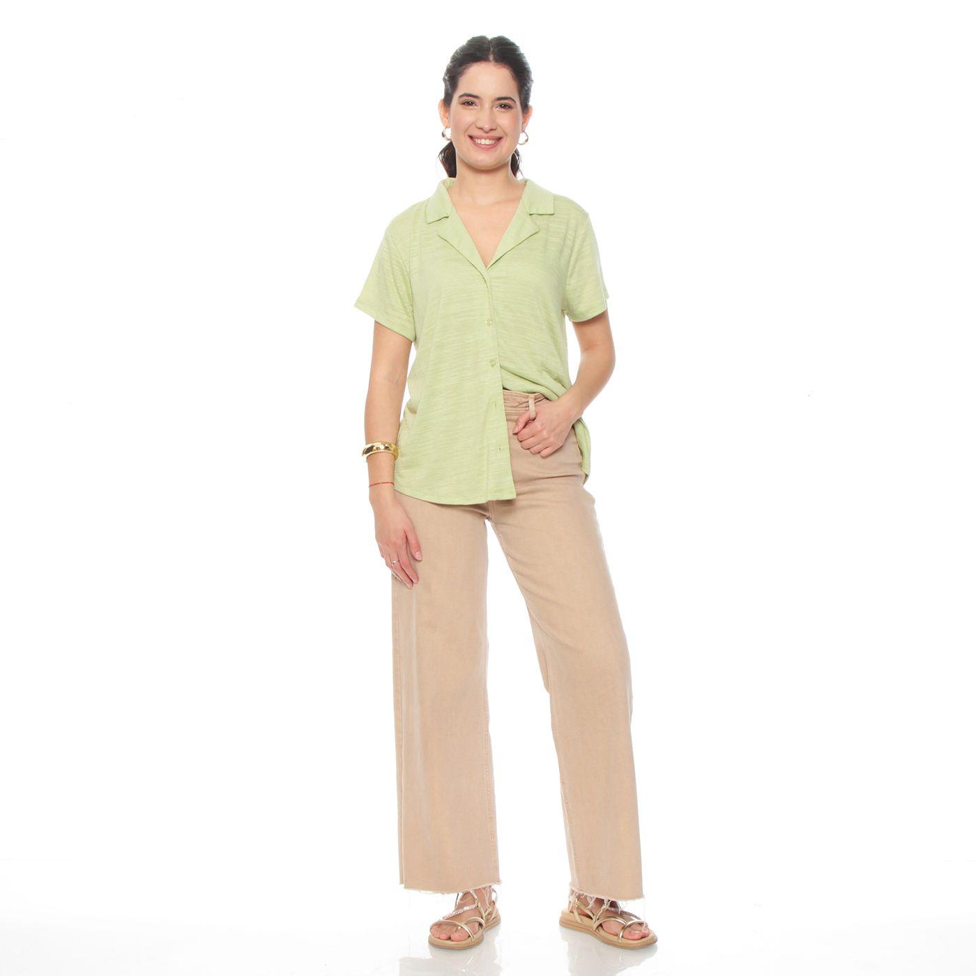 Blusa Manga Corta Solida Escote V Abotonada En Delantero-3